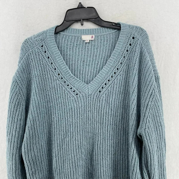 So. Pullover Sweater Women's XL Blue Eyelet V-Neck Ribbed Cable Knit Stretch - Picture 6 of 11